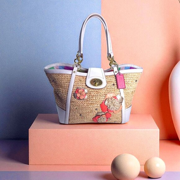 COACH Natalie Floral Straw Basket Bag embellished flower applique peach - Picture 2 of 9